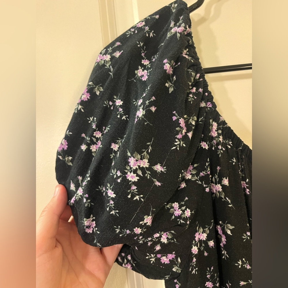 Wild Fable Black Purple Floral Sweetheart Peasant Puff Sleeve Babydoll Dress MED - Picture 6 of 12